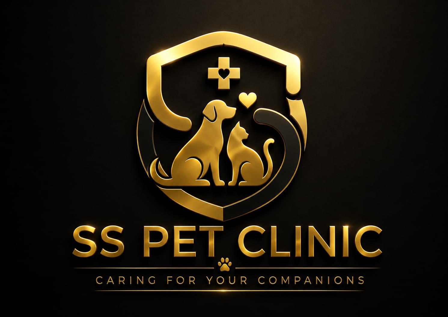 SS Pet Clinic gold shield emblem with dog and cat silhouettes